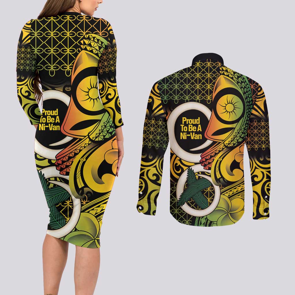 Vanuatu 1980 Couples Matching Long Sleeve Bodycon Dress and Long Sleeve Button Shirt Ni-Van Tamtam Sand Drawing Pattern