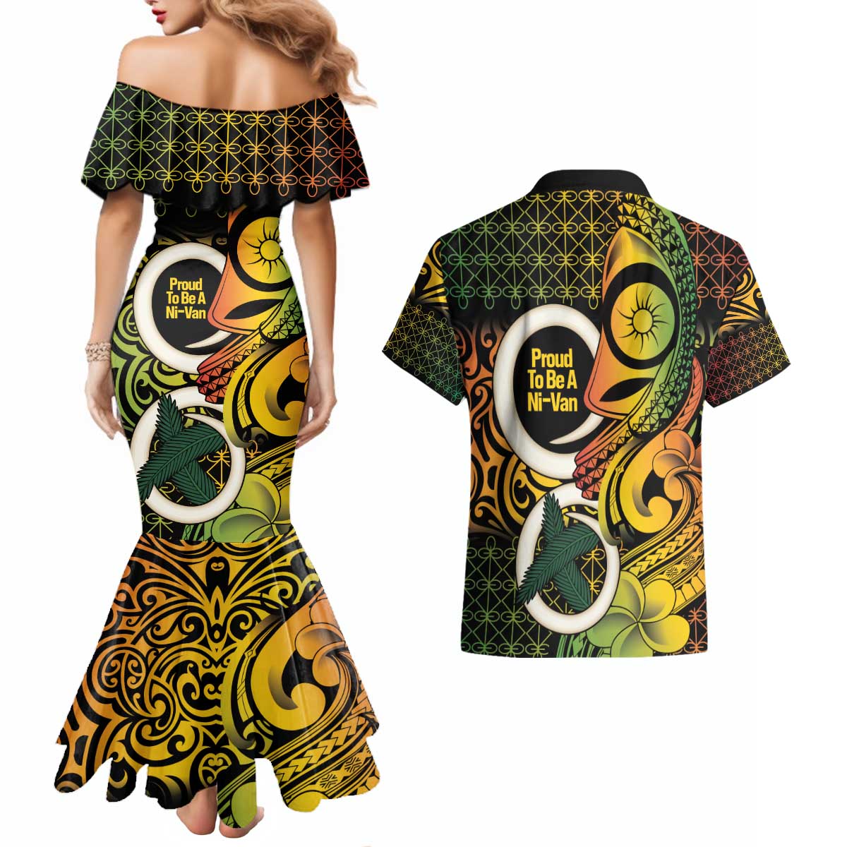 Vanuatu 1980 Couples Matching Mermaid Dress and Hawaiian Shirt Ni-Van Tamtam Sand Drawing Pattern