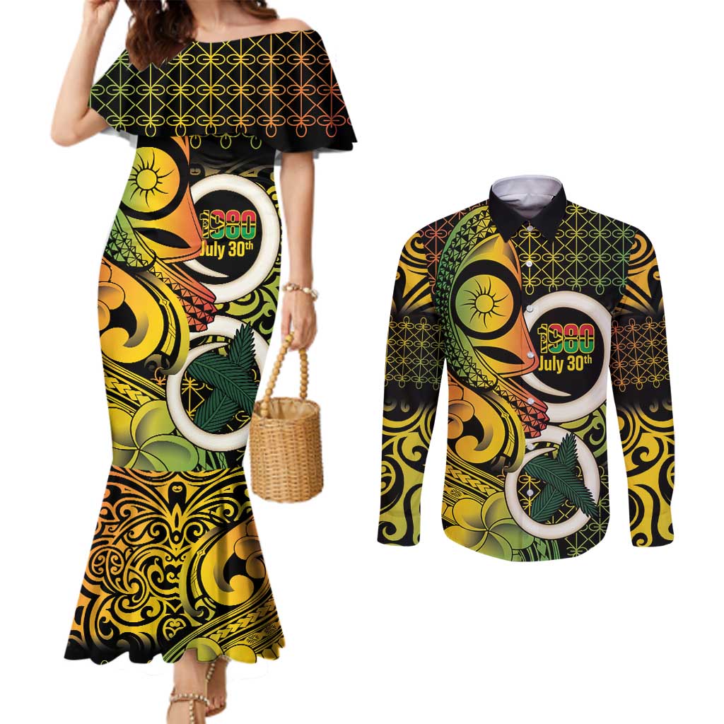 Vanuatu 1980 Couples Matching Mermaid Dress and Long Sleeve Button Shirt Ni-Van Tamtam Sand Drawing Pattern