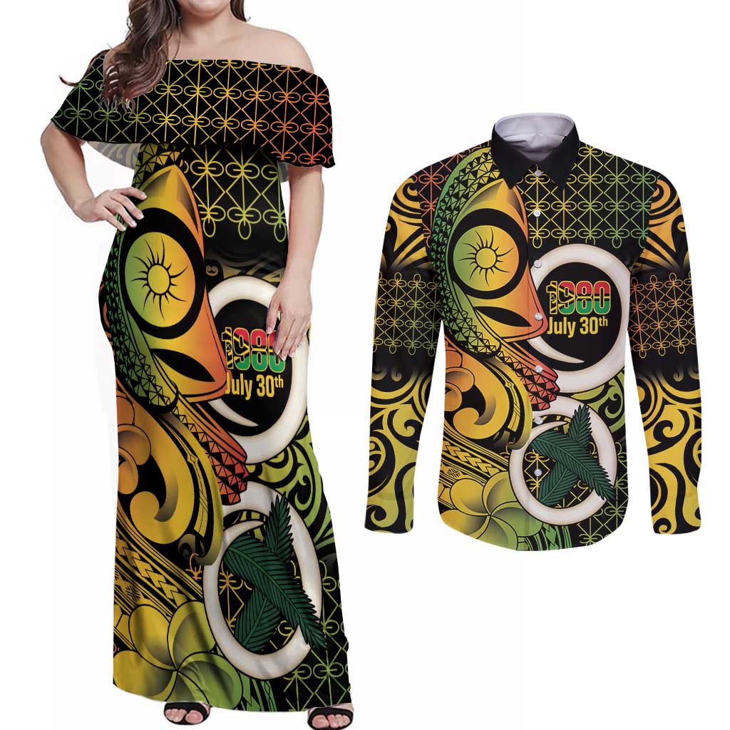 Vanuatu 1980 Couples Matching Off Shoulder Maxi Dress and Long Sleeve Button Shirt Ni-Van Tamtam Sand Drawing Pattern