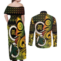 Vanuatu 1980 Couples Matching Off Shoulder Maxi Dress and Long Sleeve Button Shirt Ni-Van Tamtam Sand Drawing Pattern