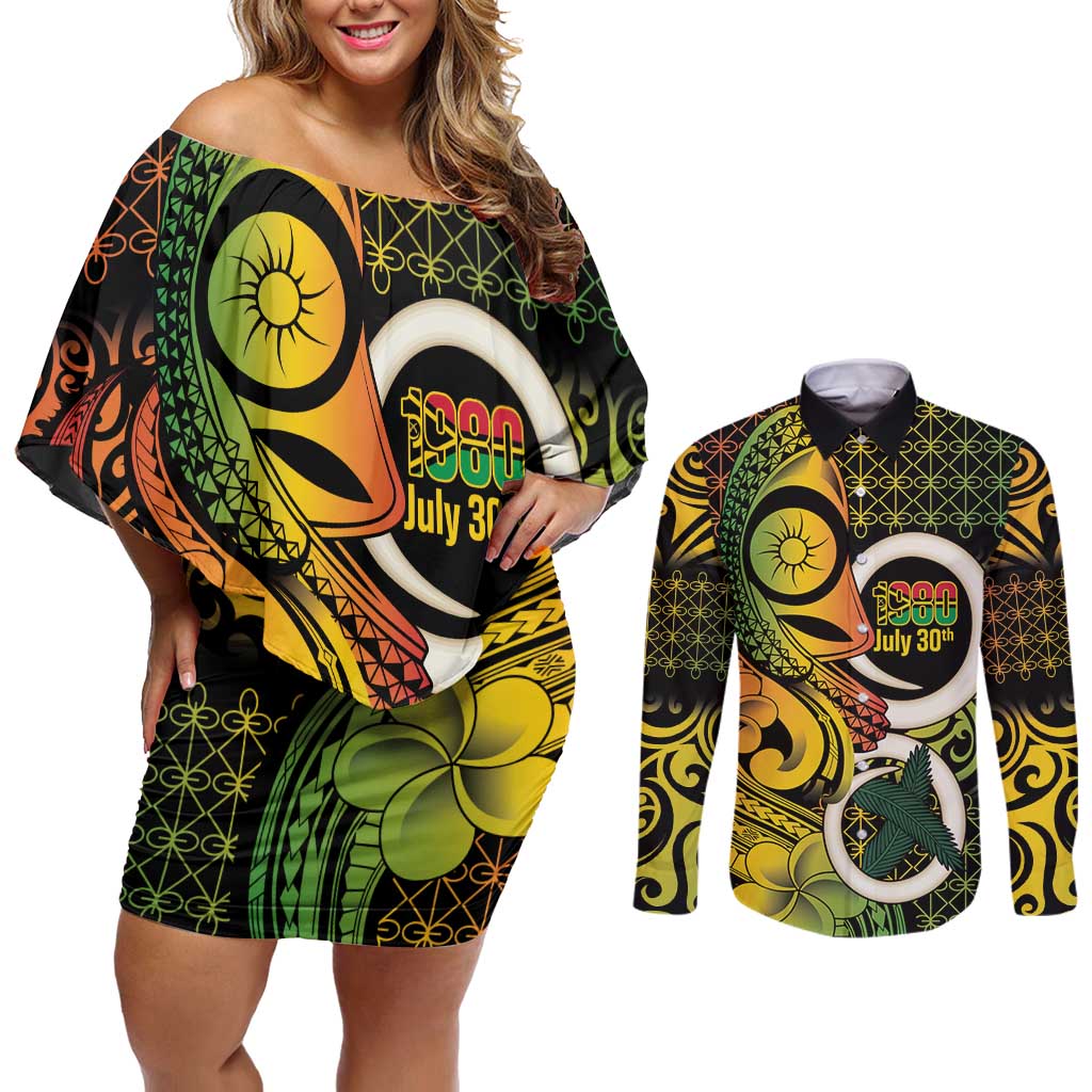 Vanuatu 1980 Couples Matching Off Shoulder Short Dress and Long Sleeve Button Shirt Ni-Van Tamtam Sand Drawing Pattern