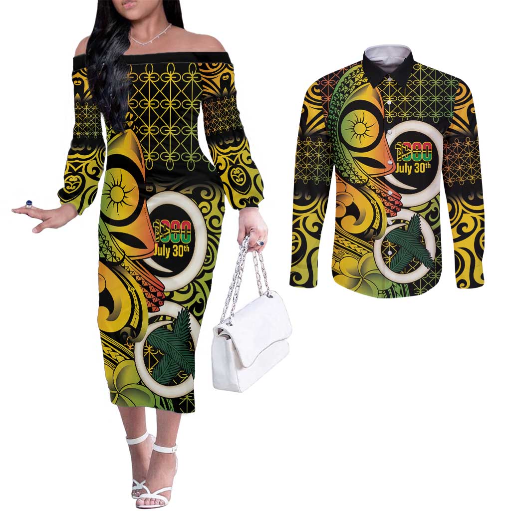 Vanuatu 1980 Couples Matching Off The Shoulder Long Sleeve Dress and Long Sleeve Button Shirt Ni-Van Tamtam Sand Drawing Pattern