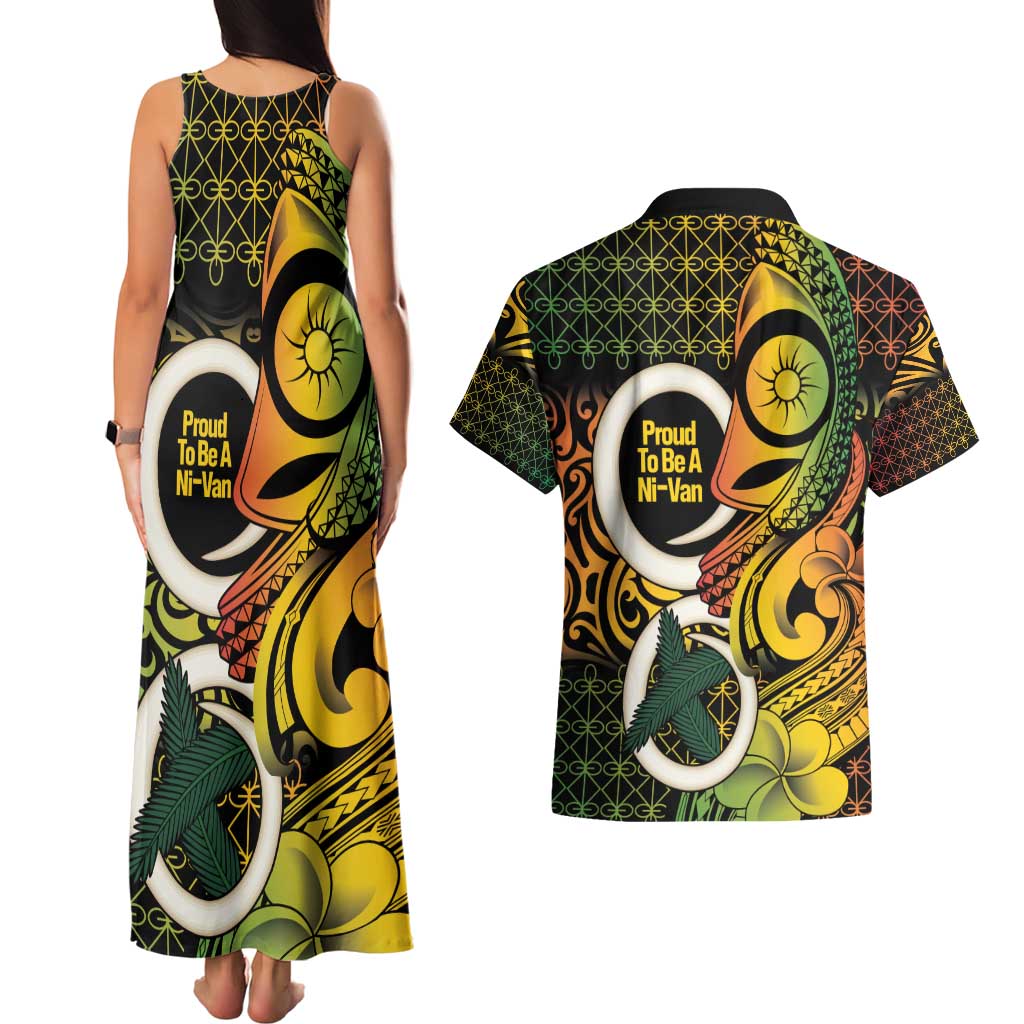 Vanuatu 1980 Couples Matching Tank Maxi Dress and Hawaiian Shirt Ni-Van Tamtam Sand Drawing Pattern LT14 - Polynesian Pride