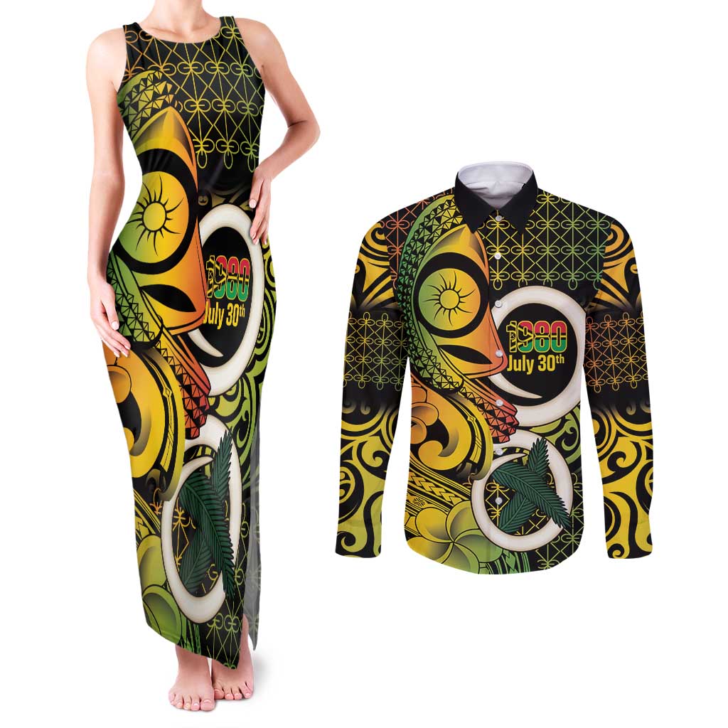 Vanuatu 1980 Couples Matching Tank Maxi Dress and Long Sleeve Button Shirt Ni-Van Tamtam Sand Drawing Pattern