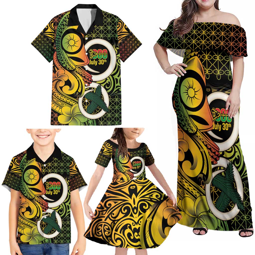 Vanuatu 1980 Family Matching Off Shoulder Maxi Dress and Hawaiian Shirt Ni-Van Tamtam Sand Drawing Pattern