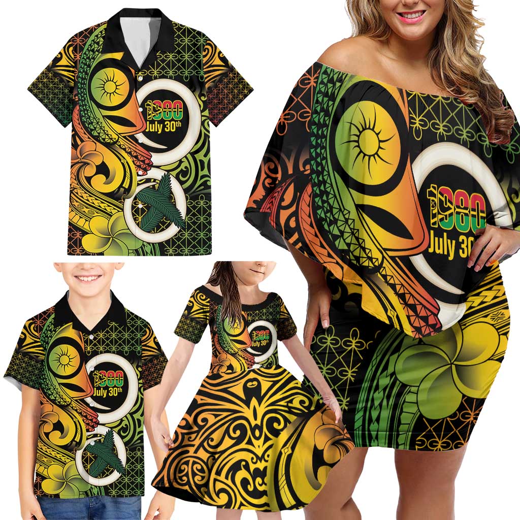 Vanuatu 1980 Family Matching Off Shoulder Short Dress and Hawaiian Shirt Ni-Van Tamtam Sand Drawing Pattern