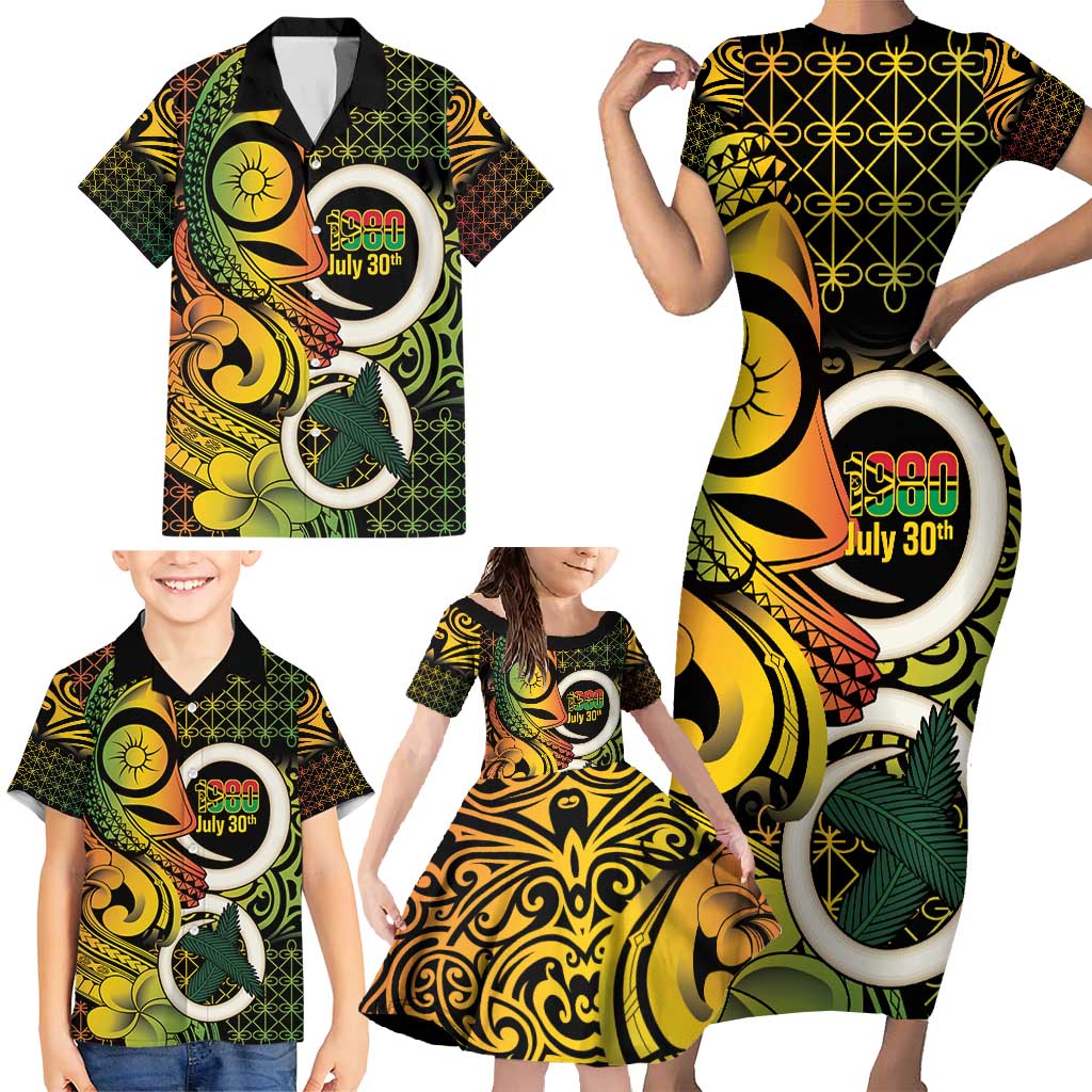 Vanuatu 1980 Family Matching Short Sleeve Bodycon Dress and Hawaiian Shirt Ni-Van Tamtam Sand Drawing Pattern