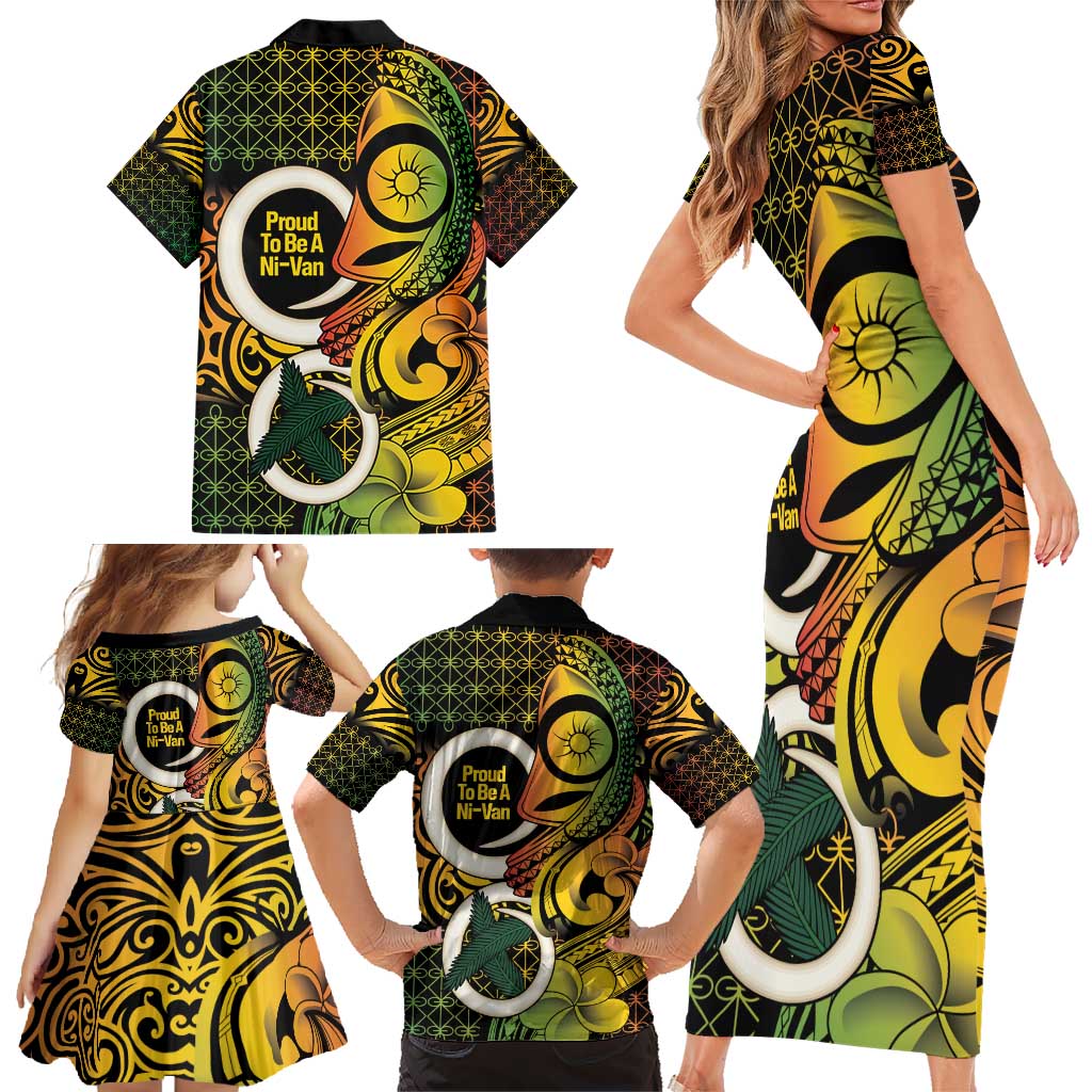 Vanuatu 1980 Family Matching Short Sleeve Bodycon Dress and Hawaiian Shirt Ni-Van Tamtam Sand Drawing Pattern