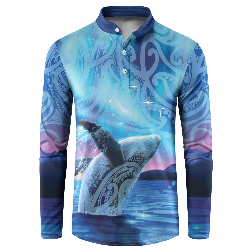 New Zealand Matariki Humpback Whale Button Sweatshirt Paikea Maori New Year Blue Galaxy LT14 Blue - Polynesian Pride
