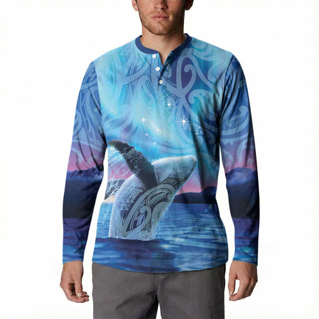 New Zealand Matariki Humpback Whale Button Sweatshirt Paikea Maori New Year Blue Galaxy LT14 - Polynesian Pride