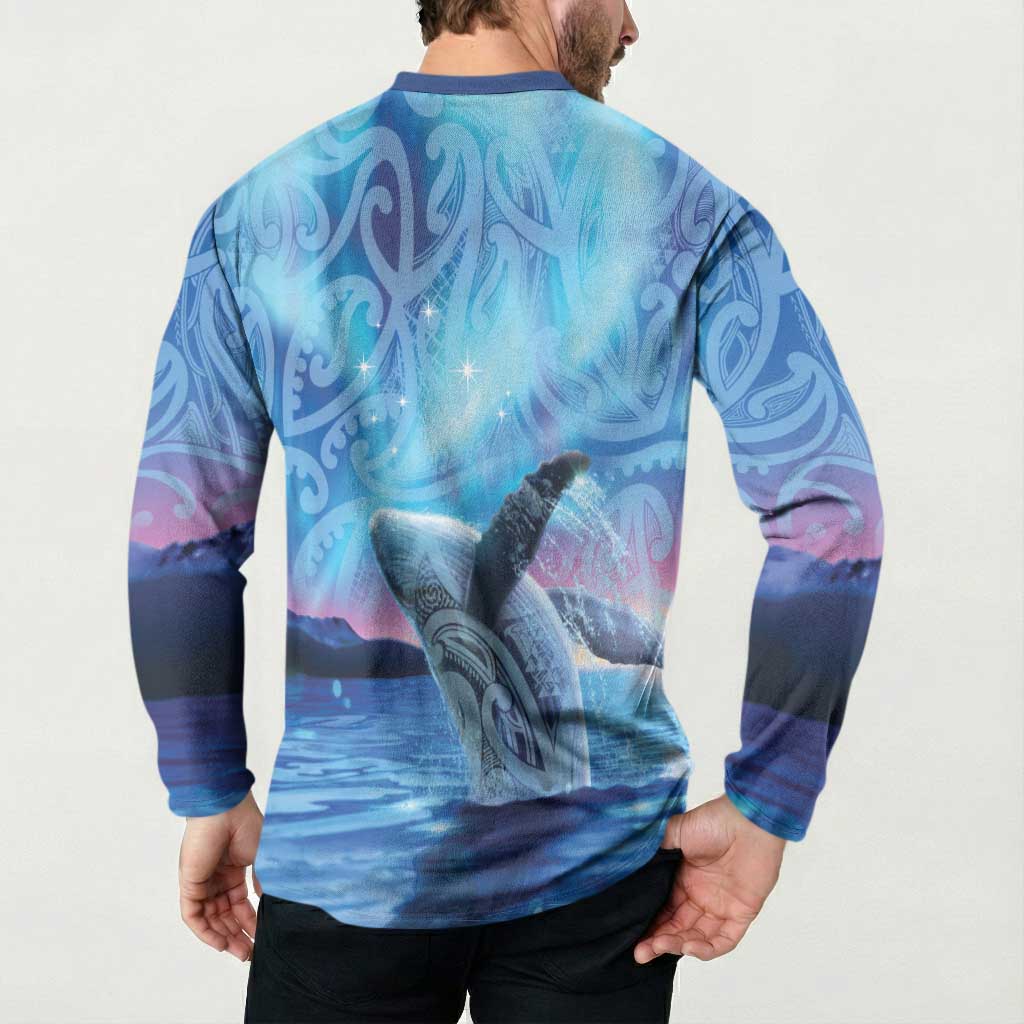 New Zealand Matariki Humpback Whale Button Sweatshirt Paikea Maori New Year Blue Galaxy LT14 - Polynesian Pride