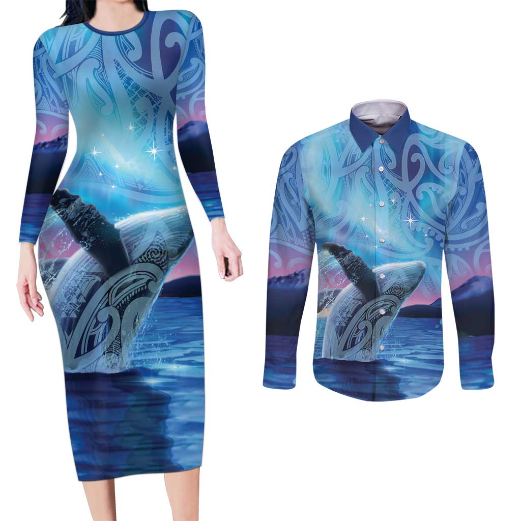 New Zealand Matariki Humpback Whale Couples Matching Long Sleeve Bodycon Dress and Long Sleeve Button Shirt Paikea Maori New Year Blue Galaxy