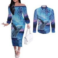 New Zealand Matariki Humpback Whale Couples Matching Off The Shoulder Long Sleeve Dress and Long Sleeve Button Shirt Paikea Maori New Year Blue Galaxy