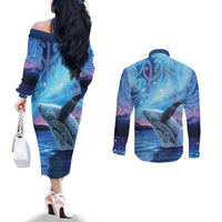 New Zealand Matariki Humpback Whale Couples Matching Off The Shoulder Long Sleeve Dress and Long Sleeve Button Shirt Paikea Maori New Year Blue Galaxy