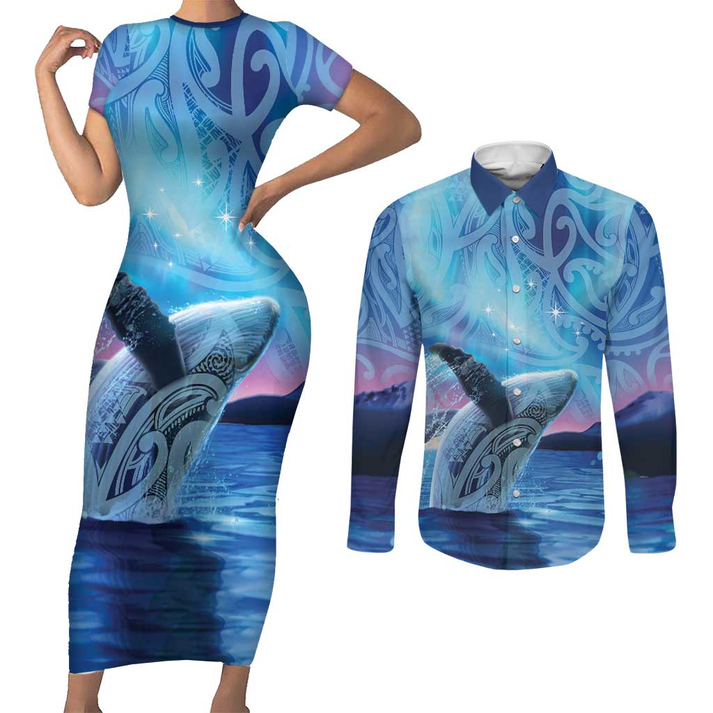 New Zealand Matariki Humpback Whale Couples Matching Short Sleeve Bodycon Dress and Long Sleeve Button Shirt Paikea Maori New Year Blue Galaxy