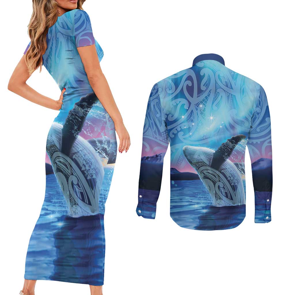 New Zealand Matariki Humpback Whale Couples Matching Short Sleeve Bodycon Dress and Long Sleeve Button Shirt Paikea Maori New Year Blue Galaxy