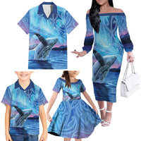 New Zealand Matariki Humpback Whale Family Matching Off The Shoulder Long Sleeve Dress and Hawaiian Shirt Paikea Maori New Year Blue Galaxy