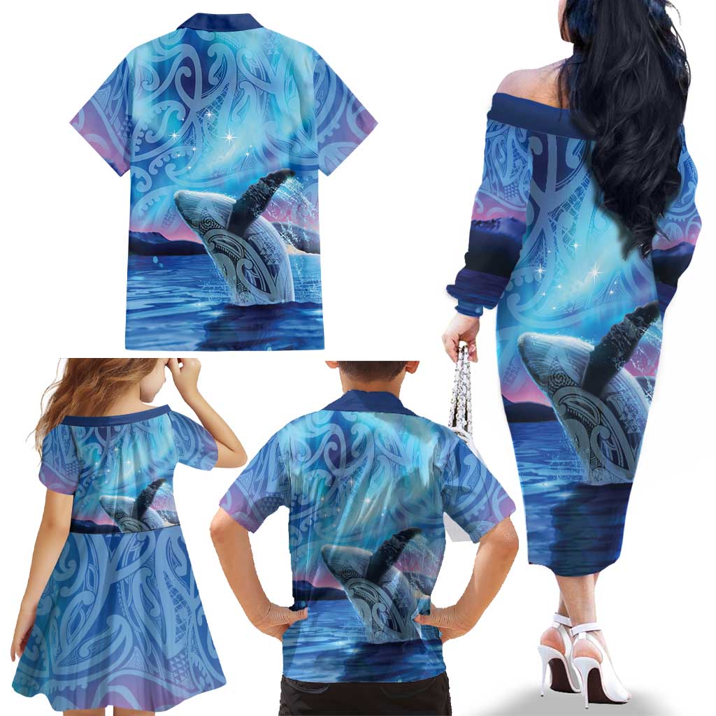 New Zealand Matariki Humpback Whale Family Matching Off The Shoulder Long Sleeve Dress and Hawaiian Shirt Paikea Maori New Year Blue Galaxy