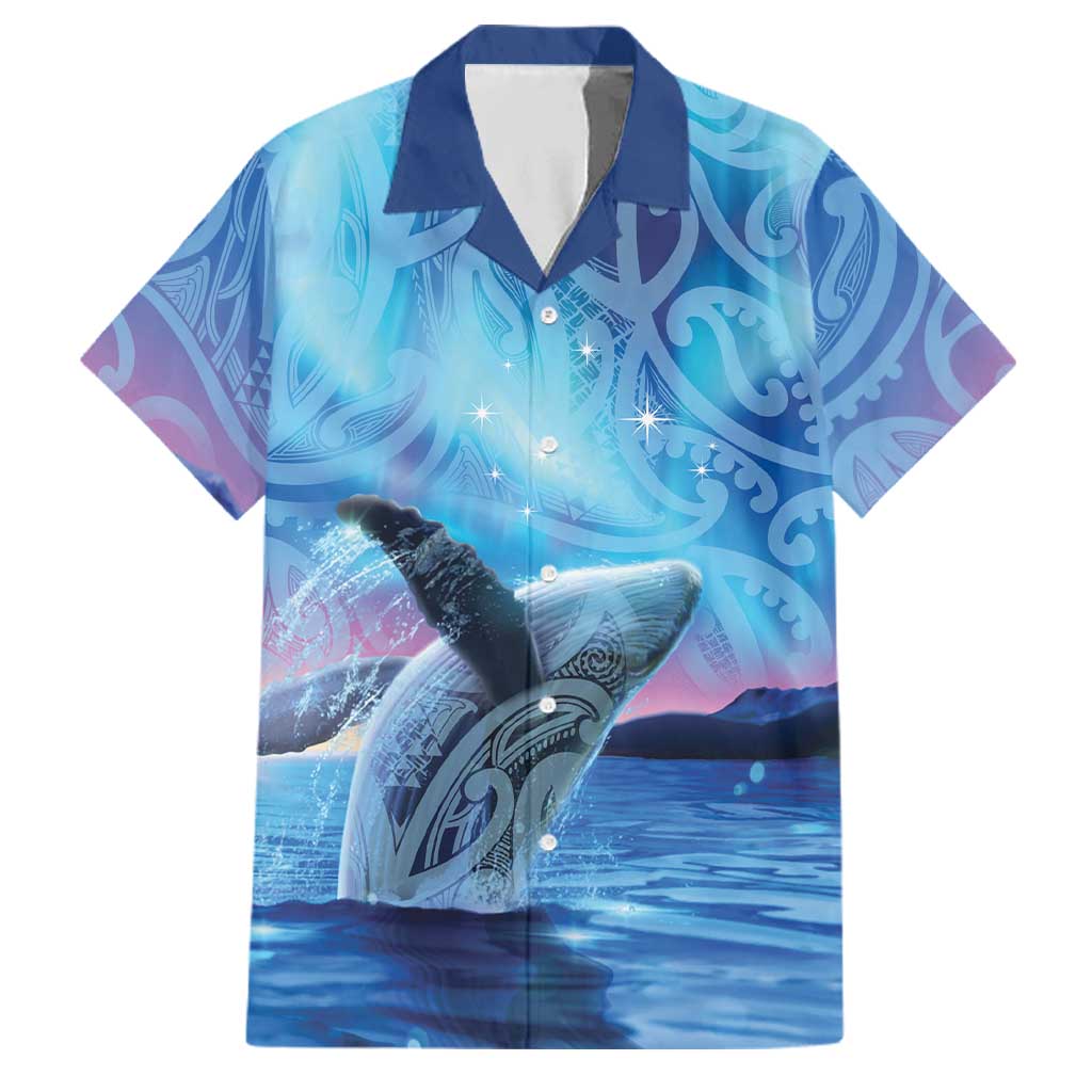 New Zealand Matariki Humpback Whale Family Matching Off The Shoulder Long Sleeve Dress and Hawaiian Shirt Paikea Maori New Year Blue Galaxy