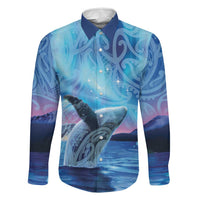 New Zealand Matariki Humpback Whale Family Matching Off The Shoulder Long Sleeve Dress and Hawaiian Shirt Paikea Maori New Year Blue Galaxy