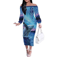 New Zealand Matariki Humpback Whale Family Matching Off The Shoulder Long Sleeve Dress and Hawaiian Shirt Paikea Maori New Year Blue Galaxy