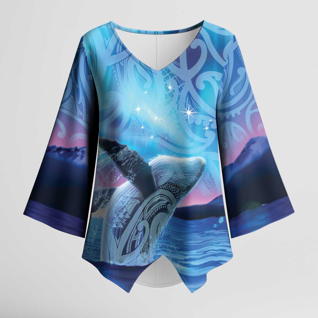 New Zealand Matariki Humpback Whale Kimono Sleeve Blouse Paikea Maori New Year Blue Galaxy