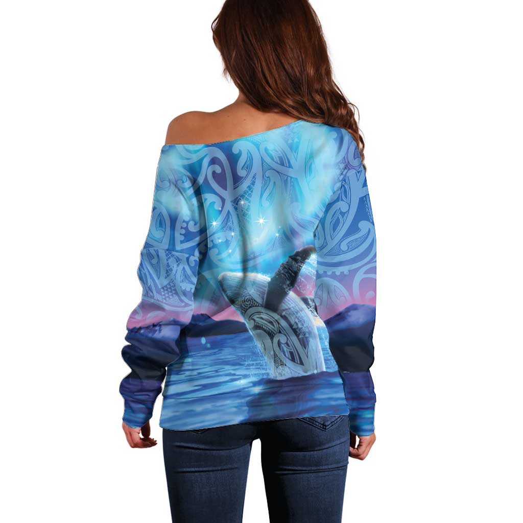 New Zealand Matariki Humpback Whale Off Shoulder Sweater Paikea Maori New Year Blue Galaxy LT14 - Polynesian Pride