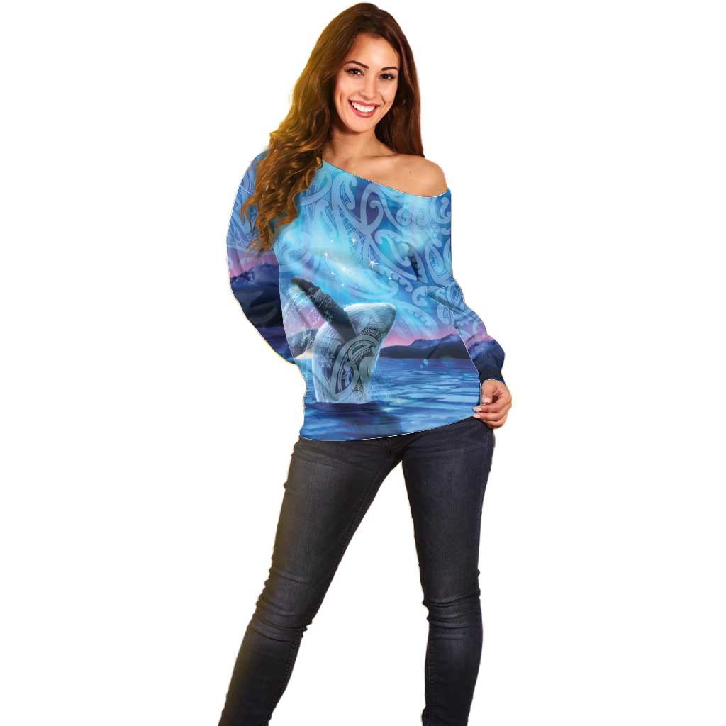 New Zealand Matariki Humpback Whale Off Shoulder Sweater Paikea Maori New Year Blue Galaxy LT14 - Polynesian Pride