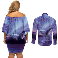 New Zealand Matariki Humpback Whale Couples Matching Off Shoulder Short Dress and Long Sleeve Button Shirt Paikea Maori New Year Purple Galaxy