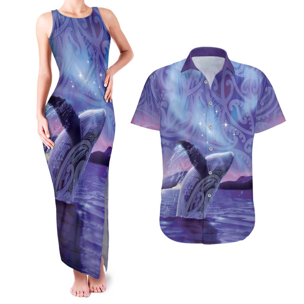 New Zealand Matariki Humpback Whale Couples Matching Tank Maxi Dress and Hawaiian Shirt Paikea Maori New Year Purple Galaxy LT14 Purple - Polynesian Pride