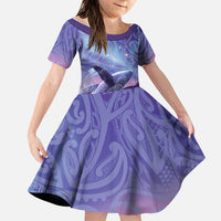 New Zealand Matariki Humpback Whale Family Matching Off Shoulder Maxi Dress and Hawaiian Shirt Paikea Maori New Year Purple Galaxy LT14 Daughter's Dress Purple - Polynesian Pride