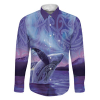 New Zealand Matariki Humpback Whale Family Matching Off Shoulder Maxi Dress and Hawaiian Shirt Paikea Maori New Year Purple Galaxy LT14 Dad's Shirt - Long Sleeve Purple - Polynesian Pride