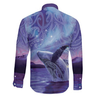 New Zealand Matariki Humpback Whale Family Matching Short Sleeve Bodycon Dress and Hawaiian Shirt Paikea Maori New Year Purple Galaxy LT14 - Polynesian Pride