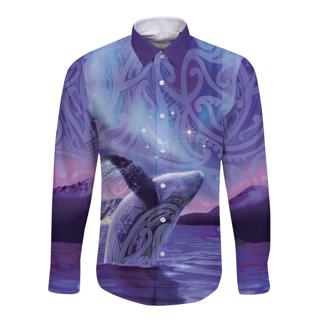 New Zealand Matariki Humpback Whale Long Sleeve Button Shirt Paikea Maori New Year Purple Galaxy