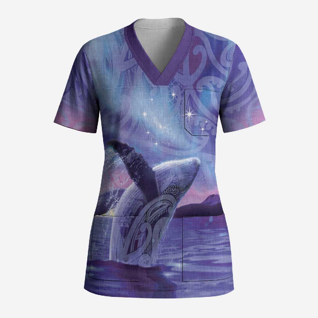 New Zealand Matariki Humpback Whale Scrub Top Paikea Maori New Year Purple Galaxy LT14 Adult Purple - Polynesian Pride