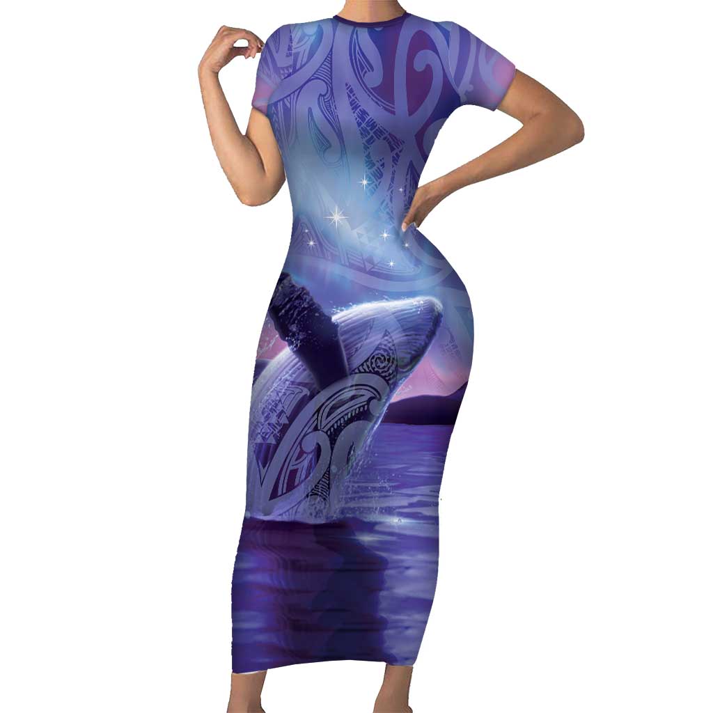 New Zealand Matariki Humpback Whale Short Sleeve Bodycon Dress Paikea Maori New Year Purple Galaxy