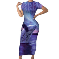 New Zealand Matariki Humpback Whale Short Sleeve Bodycon Dress Paikea Maori New Year Purple Galaxy