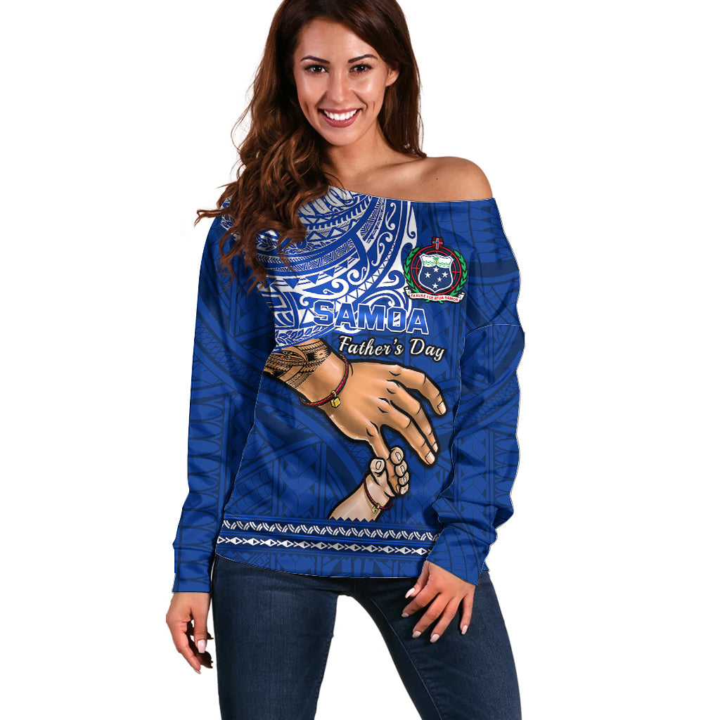 Personalised Father Day Samoa Off Shoulder Sweater Manuia le Aso Sa o Tama Blue Version LT14 Women Blue - Polynesian Pride