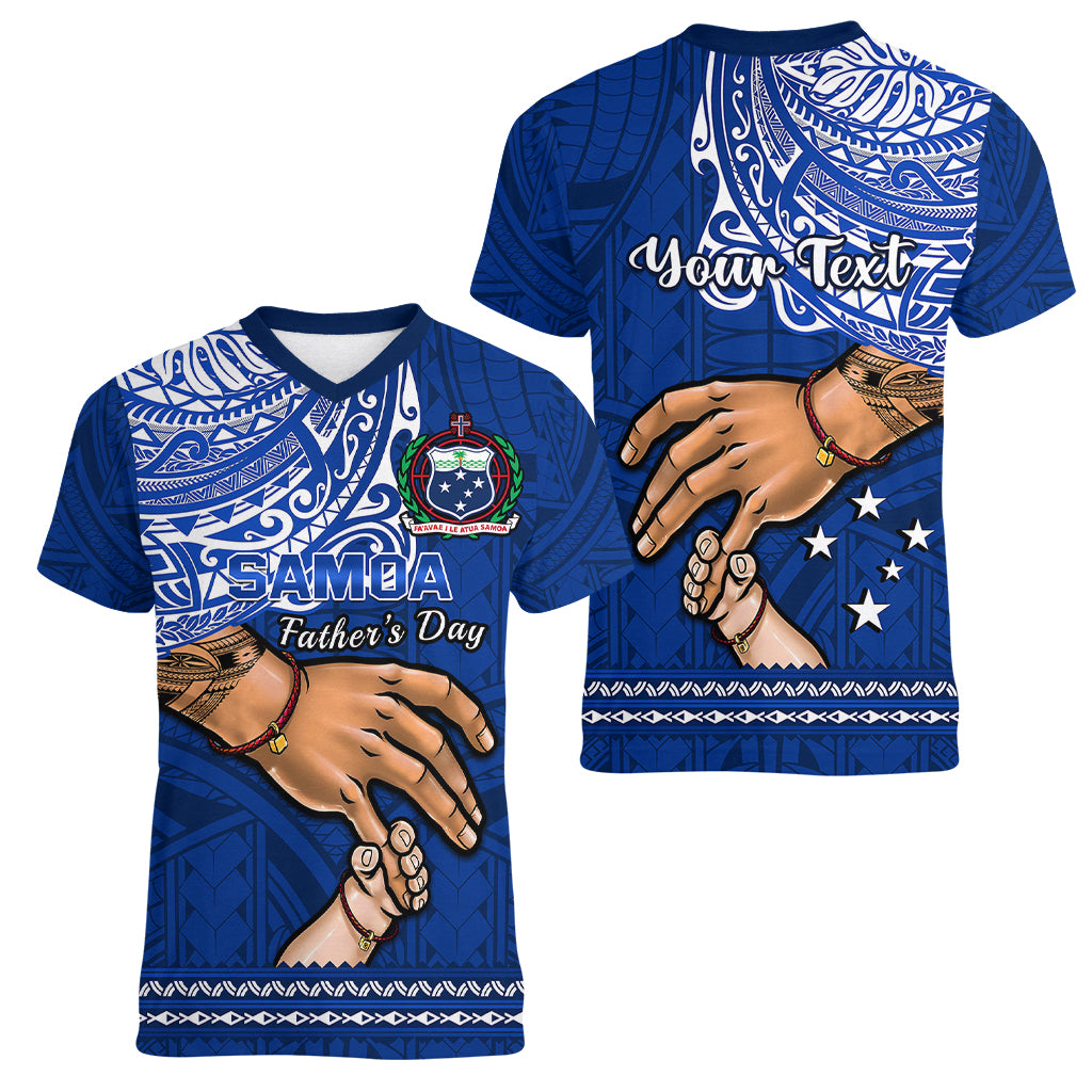 Personalised Father Day Samoa Women V Neck T Shirt Manuia le Aso Sa o Tama Blue Version LT14 - Polynesian Pride