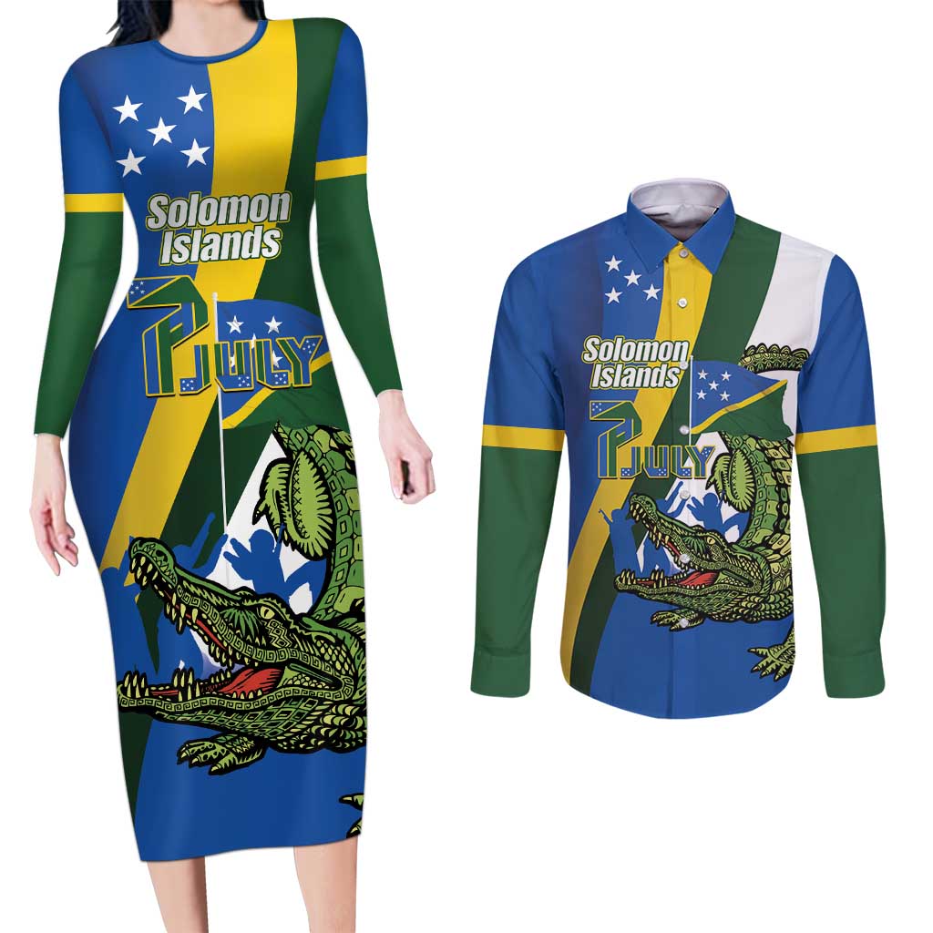 Solomon Islands Independence Day Couples Matching Long Sleeve Bodycon Dress and Long Sleeve Button Shirt Happy 7 July Crocodile Flag Style LT14 Blue - Polynesian Pride