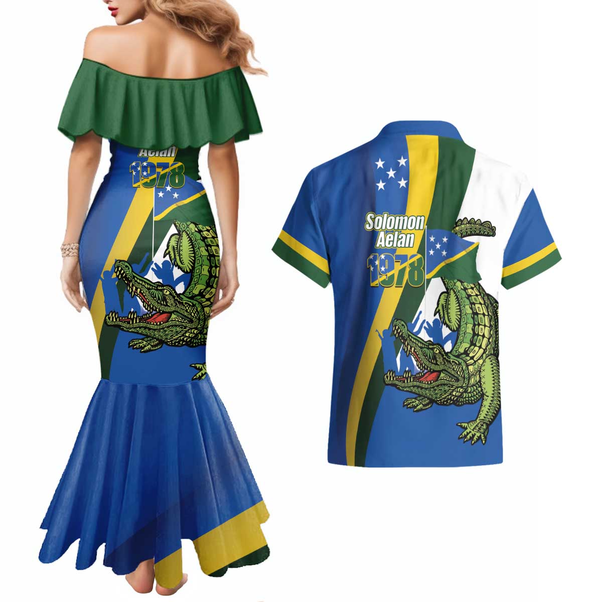 Solomon Islands Independence Day Couples Matching Mermaid Dress and Hawaiian Shirt Happy 7 July Crocodile Flag Style LT14 - Polynesian Pride