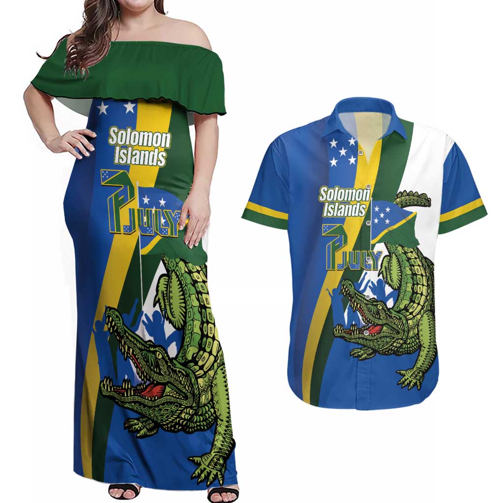 Solomon Islands Independence Day Couples Matching Off Shoulder Maxi Dress and Hawaiian Shirt Happy 7 July Crocodile Flag Style LT14 Blue - Polynesian Pride