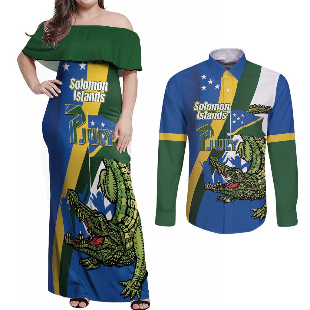 Solomon Islands Independence Day Couples Matching Off Shoulder Maxi Dress and Long Sleeve Button Shirt Happy 7 July Crocodile Flag Style LT14 Blue - Polynesian Pride
