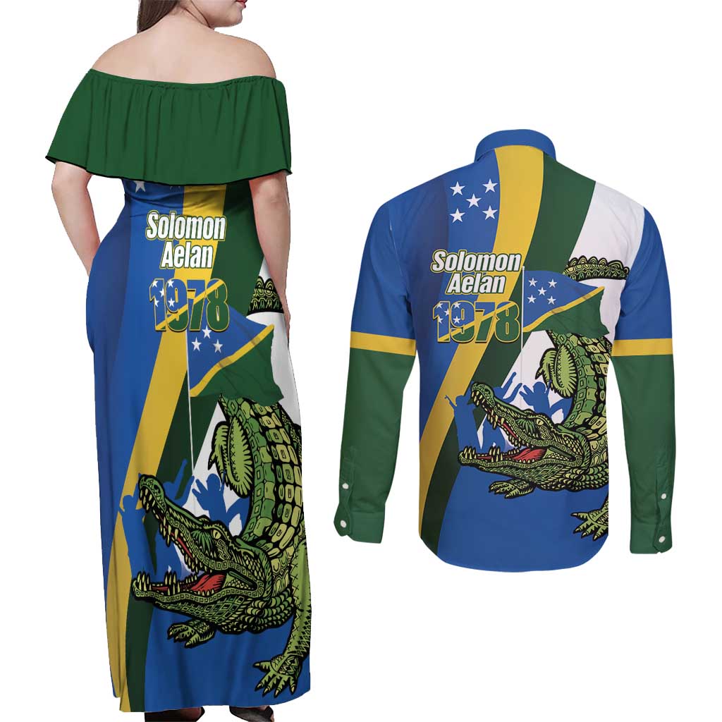 Solomon Islands Independence Day Couples Matching Off Shoulder Maxi Dress and Long Sleeve Button Shirt Happy 7 July Crocodile Flag Style LT14 - Polynesian Pride