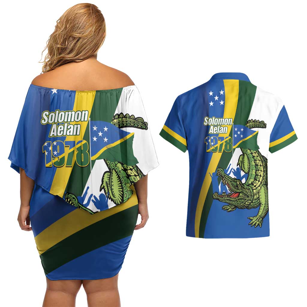 Solomon Islands Independence Day Couples Matching Off Shoulder Short Dress and Hawaiian Shirt Happy 7 July Crocodile Flag Style LT14 - Polynesian Pride