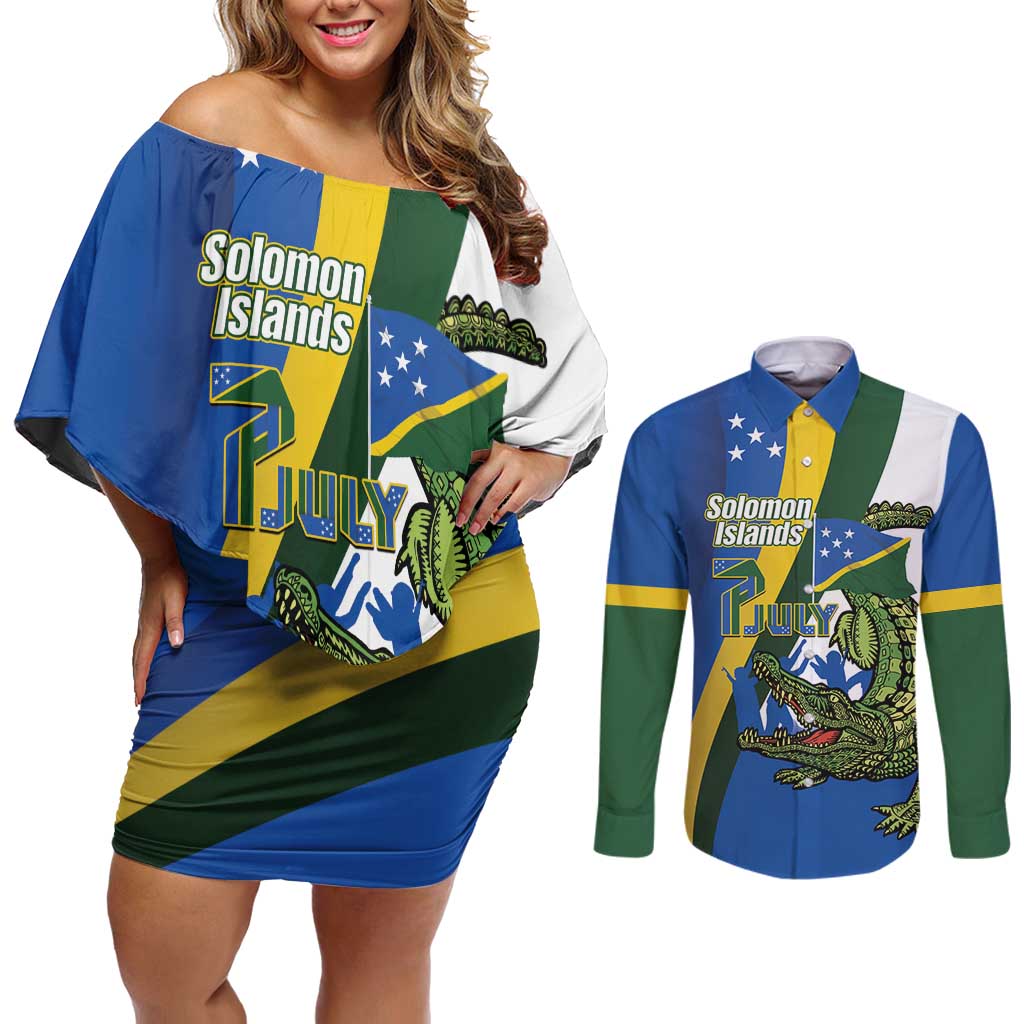 Solomon Islands Independence Day Couples Matching Off Shoulder Short Dress and Long Sleeve Button Shirt Happy 7 July Crocodile Flag Style