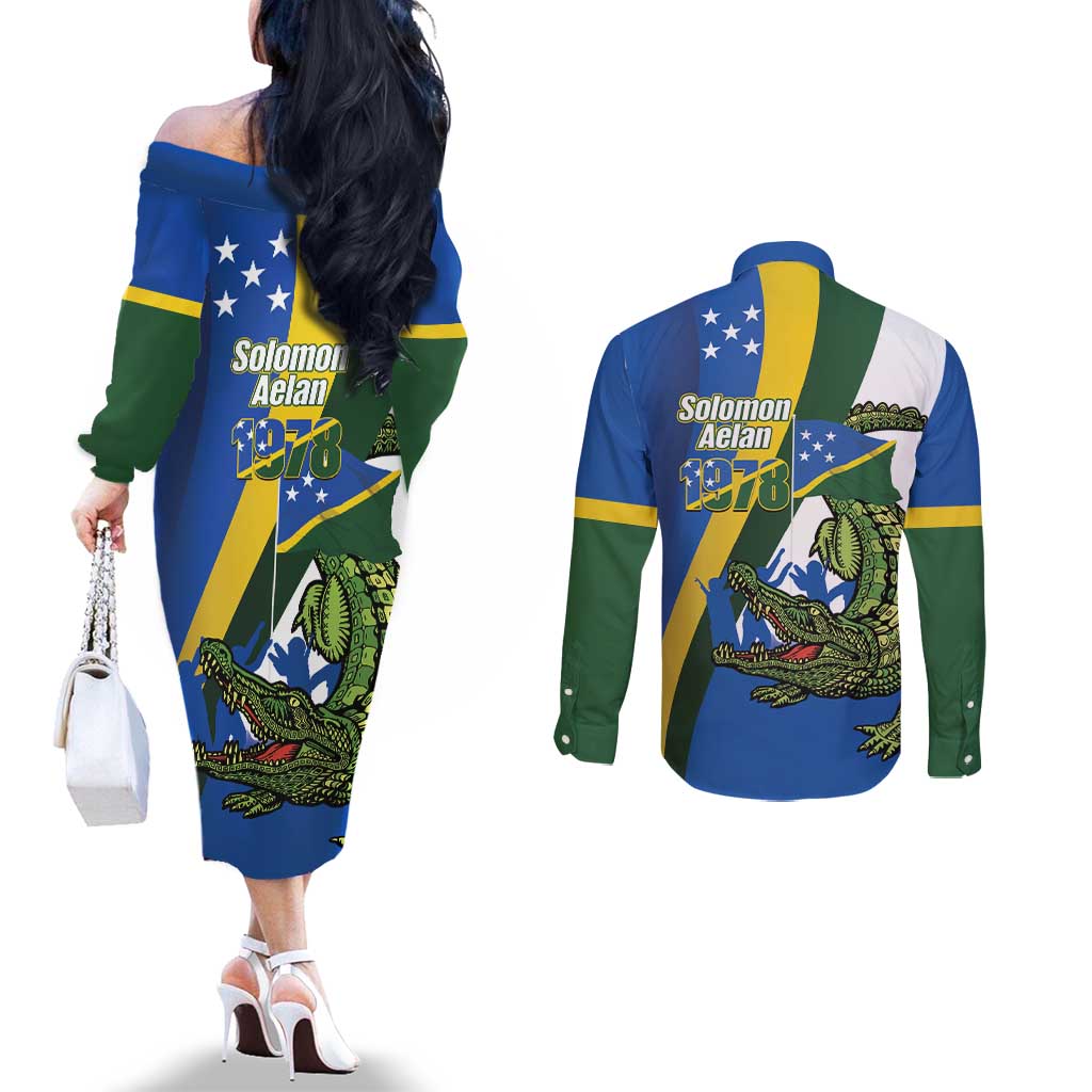 Solomon Islands Independence Day Couples Matching Off The Shoulder Long Sleeve Dress and Long Sleeve Button Shirt Happy 7 July Crocodile Flag Style LT14 - Polynesian Pride
