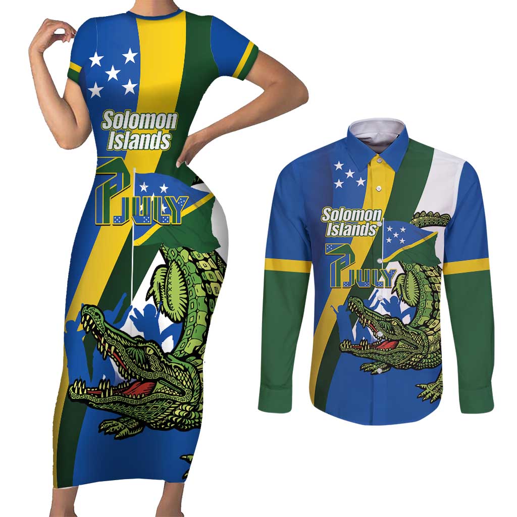 Solomon Islands Independence Day Couples Matching Short Sleeve Bodycon Dress and Long Sleeve Button Shirt Happy 7 July Crocodile Flag Style LT14 Blue - Polynesian Pride