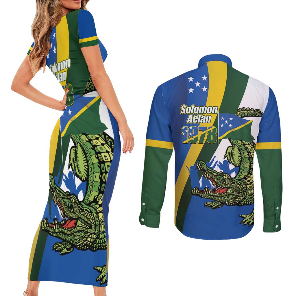 Solomon Islands Independence Day Couples Matching Short Sleeve Bodycon Dress and Long Sleeve Button Shirt Happy 7 July Crocodile Flag Style LT14 - Polynesian Pride